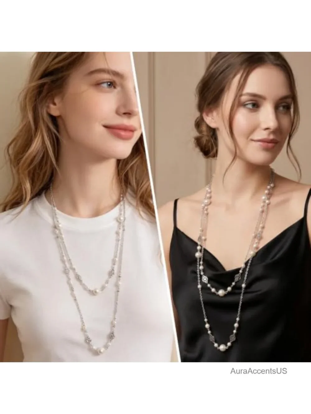 Layered Pearl Necklace Silver Chain Detachable Women Statement Jewelry